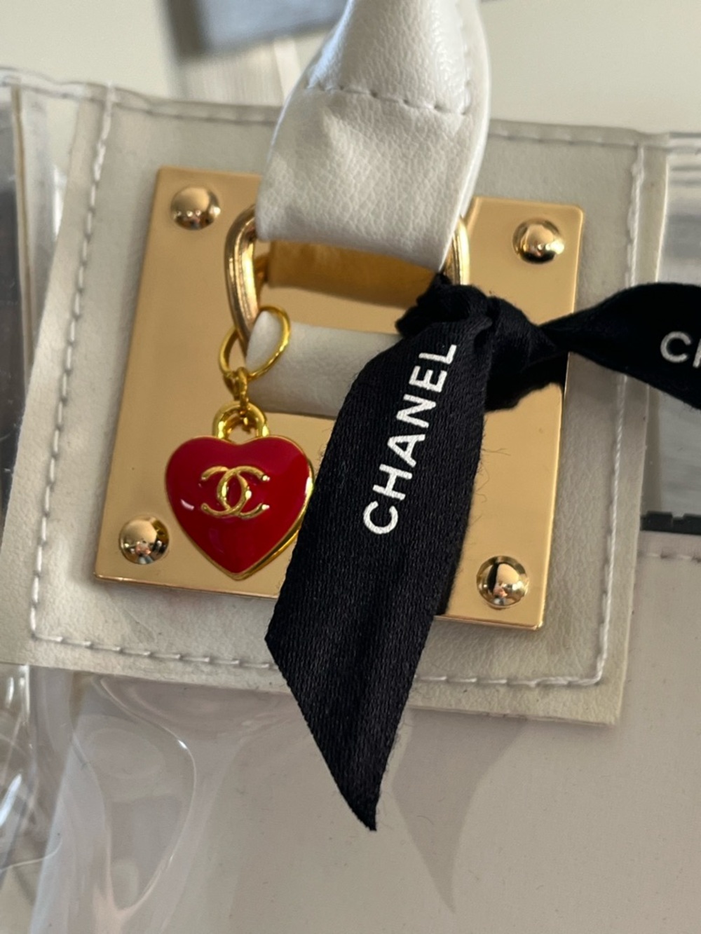 Custom Upcycled Chanel Beauté Clear Bag w Authentic Charms, Ribbon & Makeup Bag - Picture 8 of 16